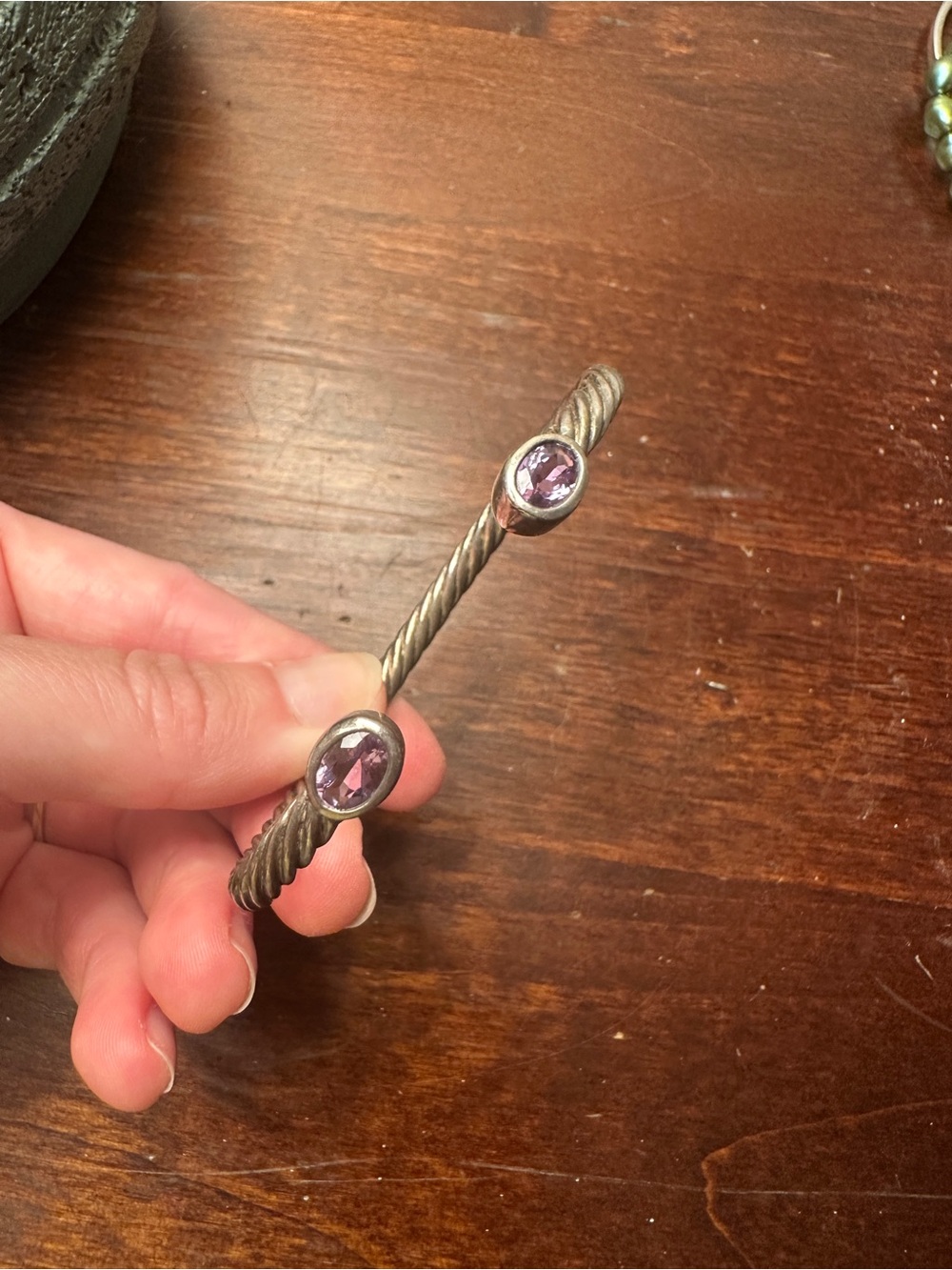 Vintage 925 Sterling Silver Cable Cuff Bracelet with Purple Gemstones | 22g